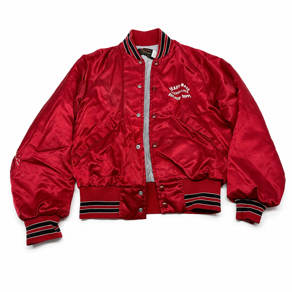 Ready Made Builders Supply Weiser Lock Red Satin bomber Jacket Vintage 36 S 38